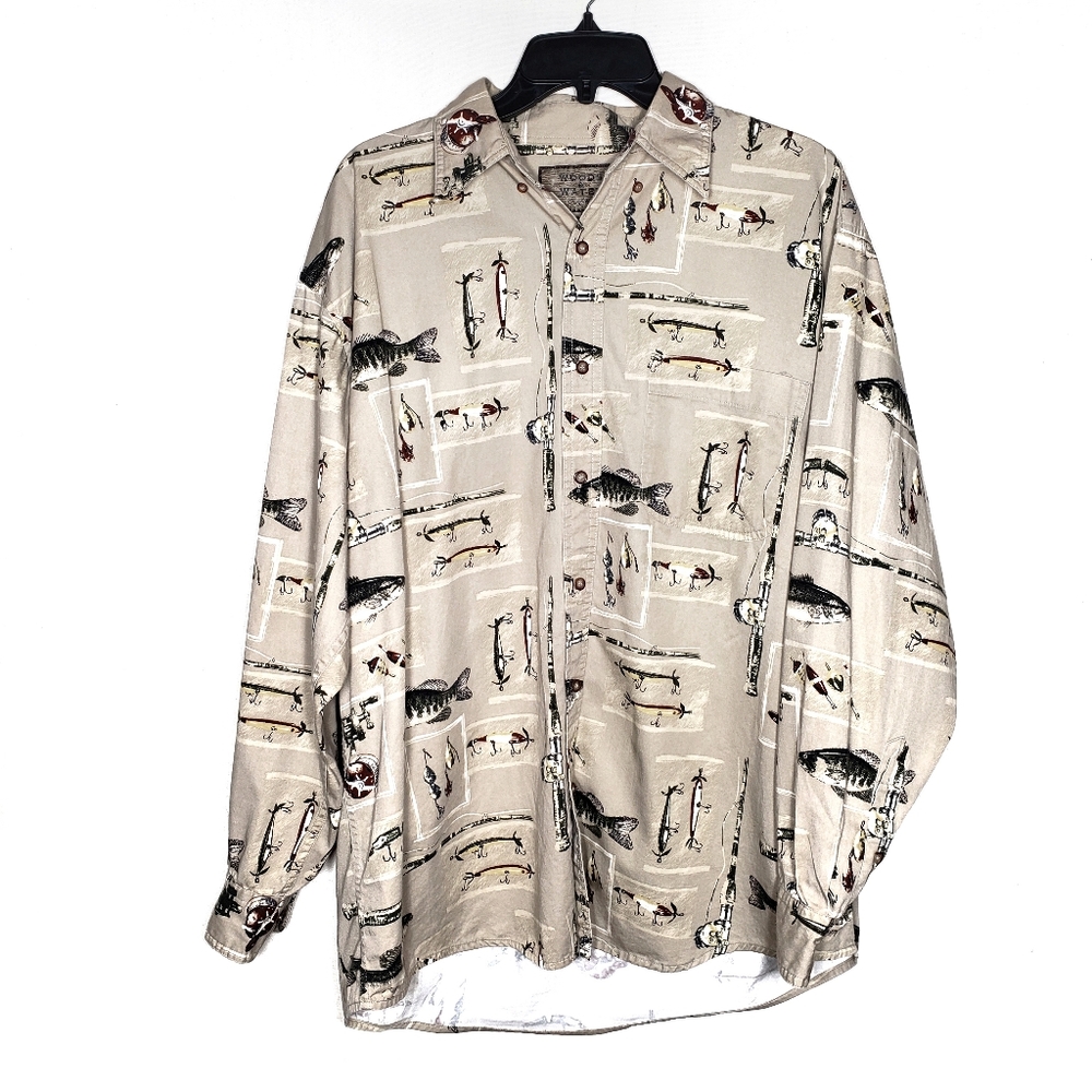 Fishing fish print longsleeve button down L tan